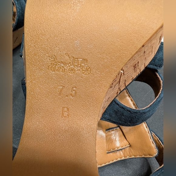 Coach Navy Blue Suede Kennedy Cork Wedge Heel Open Toe Ankle Strap Sandals 7.5B - Picture 9 of 11